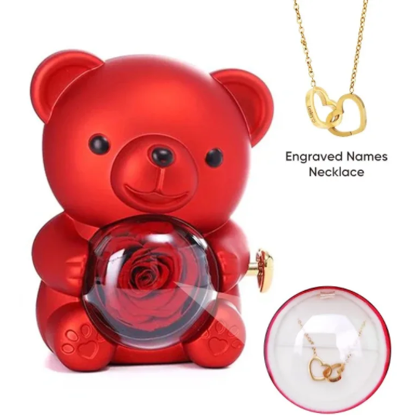 Name Necklace Custom - Eternal Rose Teddy Bear Jewelry Box