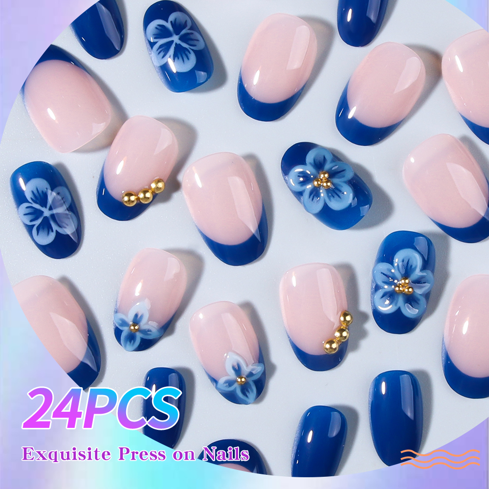 24pcs Short Oval 3D Gel Nail S - Pressed Flower Art 리뷰 및 가격